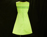 Size 8 Mini Dress - Acid Trip 1960s Lime Green Dollybird - Small Medium 60s Mod Summer Sleeveless - Rag Dolls Embroidery - Bust 34.5