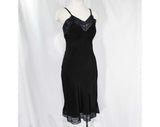 Size 2 1930s Rayon Slip - Black Bias Cut Negligee - 30s 40s Pin-Up Girl Full Slip with Lace Trim - 1940s Boudoir - Cold Rayon - Bust 34.5
