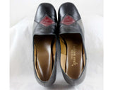 Size 6 Mod 1960s Shoes - Patchwork Leather Pumps - Sharp Black Gray & Maroon Stitched Patches - Chic Secretary Style - NOS 60s Deadstock