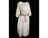 Size 8 Peasant Dress - Bohemian Chic 1980s Ivory Silk Tunic & Knotted Macrame Belt - Coral Pink Green Yellow - 80s Casual - Bust up to 48