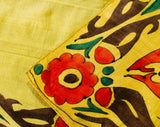 1960s Hand Painted Paisley Silk Scarf - Hippie 60s Medallion - Mustard Yellow - Red Orange - Brown - Emerald Green - Hand Rolled Hem - 49759