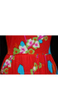Size 8 Red Asian Print Dress - Mod 1960s Cherry Blossoms Maxi Dress - Vivid Florals Far East Long Sleeve - Bust 36 - Late 60s Early 70s