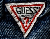 Size 12 1980s Guess Denim Jacket - Child's Preteen Boy Jean Street Wear - Dark Blue Cotton - Georges Marciano Question Mark Logo - Bust 35.5