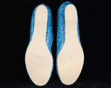 Size 7 Slippers - 1950s Glamour Girl Shoes - Turquoise Blue Dappled Brocade Boudoir Heels - Open Toe - 50s 60s Deadstock - 7AA - 47058-2