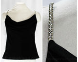 Size 8 Disco Top with Rhinestone Straps - Early 1980s Black Crepe Cowl Neck Shirt - 80s Sleeveless Glitzy Strappy Blouse - Bust 34 to 35