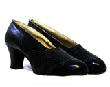 Size 6 1920s Shoes - Art Deco Black 20s 30s Pumps - Authentic Flapper Era Pierced Leather - Scalloped Top Stitching - Never Worn Deadstock