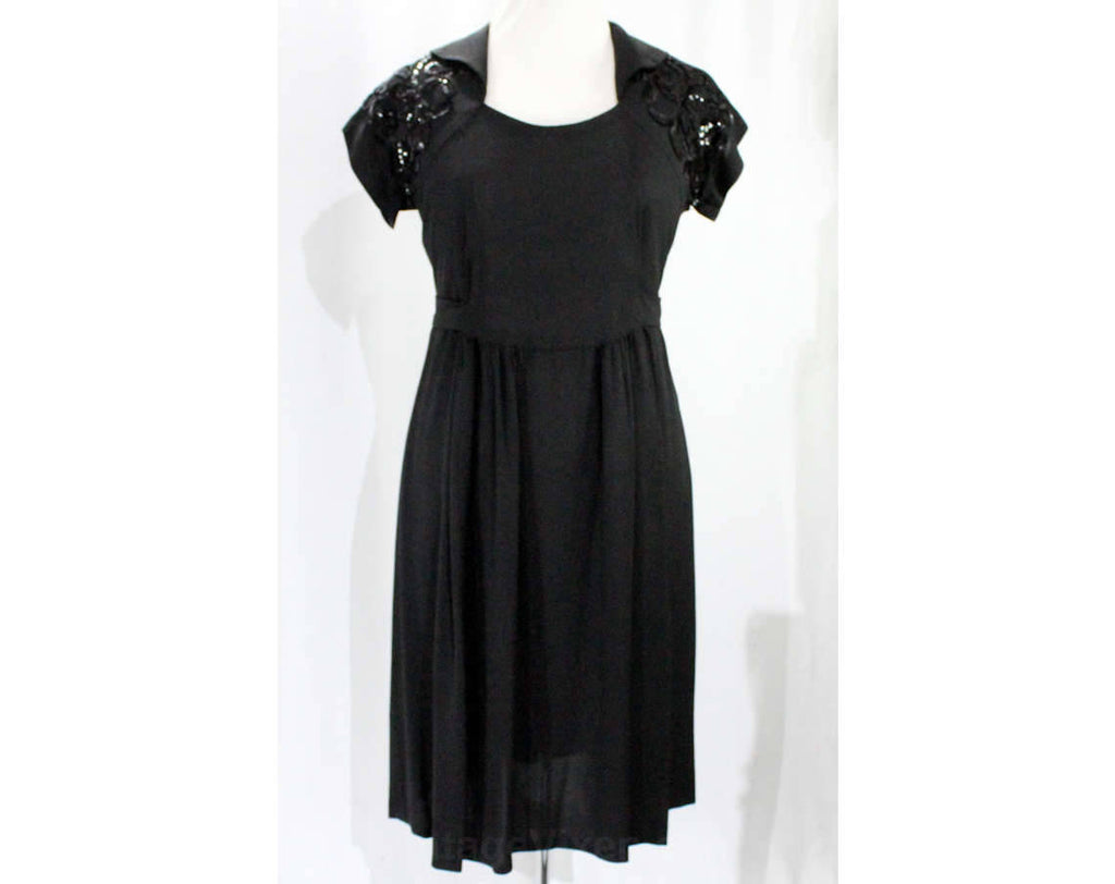 Size 8 1930s Maternity Dress - Black Rayon Crepe & Sequins Soutache - Short Sleeve Authentic 30s Cocktail - Dressing For Two Label - Bust 35