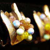 Chic 1950s Leafy Earrings with Colored Glass Baubles - 50s Tropical Summer Earrings - Orange Yellow Gold Resort Chic - 33982-1