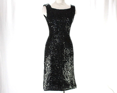 Size 4 Black Wiggle Dress - 1950s Bombshell Fitted Cocktail - Fine 50s Marilyn Hourglass - Pin Up Party Perfect - Glam Sequins - Waist 26