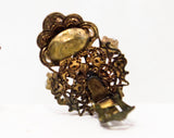 Brown Antique Style Earrings - Rich Rhinestones & Victorian Look Filigree - Amber Gold Aurora Borealis 50s Clip Ons - 1950s Western Germany