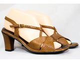 Size 9 Snake Print Sandal - Tan Snakeskin Style 1970s Shoes - Deco Brown Slingback Heels - Peep Toe 70s Hush Puppies - 9N Narrow Deadstock
