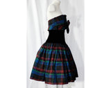 Size 4 Plaid Party Dress - 90s Strapless Velvet & Taffeta Cocktail with Bow - Designer Victor Costa - Black Red Cobalt Blue Green - Bust 33