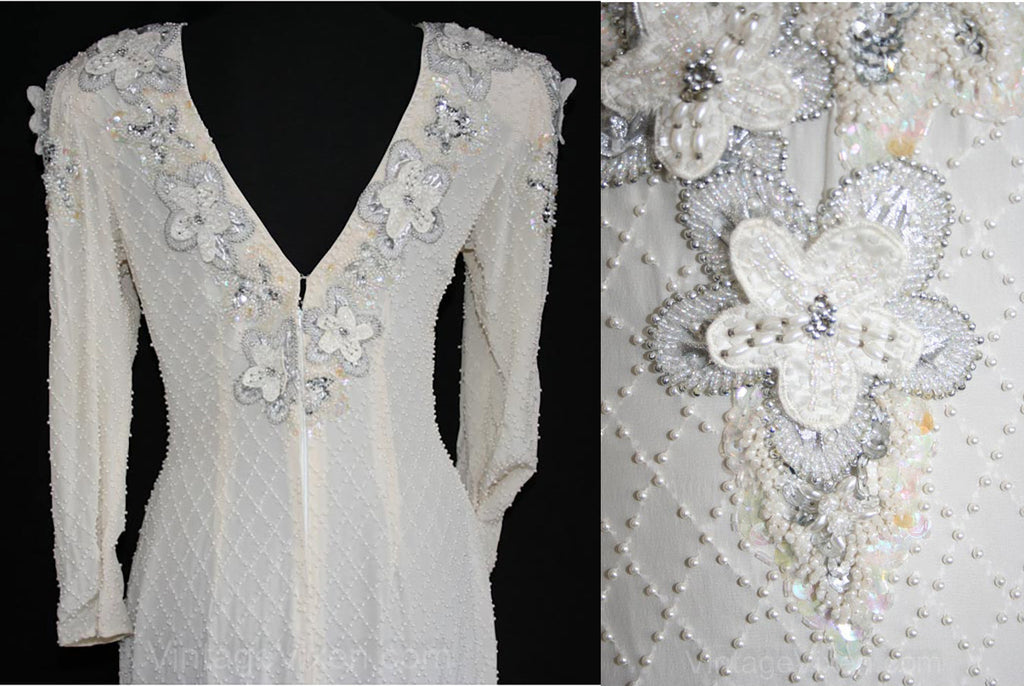Size 6 White Beaded Evening Dress - Elegant 80s Glamour Gown - Chiffon Vintage Vixen Clothing Size 6 White Beaded Evening Dress - Elegant 80s Glamour Gown - Chiffon Vintage Vixen Clothing