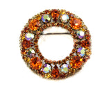 Glittering 50s Rhinestone Brooch - Made in Austria - Brown Orange Amber Gold Rhinestones - 1950s 1960s Round Pin - Autumn Glamour - 50481