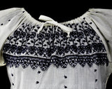 Size 6 Peasant Top - Small 1970s Hippie Style Summer Blouse - White & Indigo Blue Puff Sleeve Shirt - Folk 70s Hearts Embroidery - Bust 35