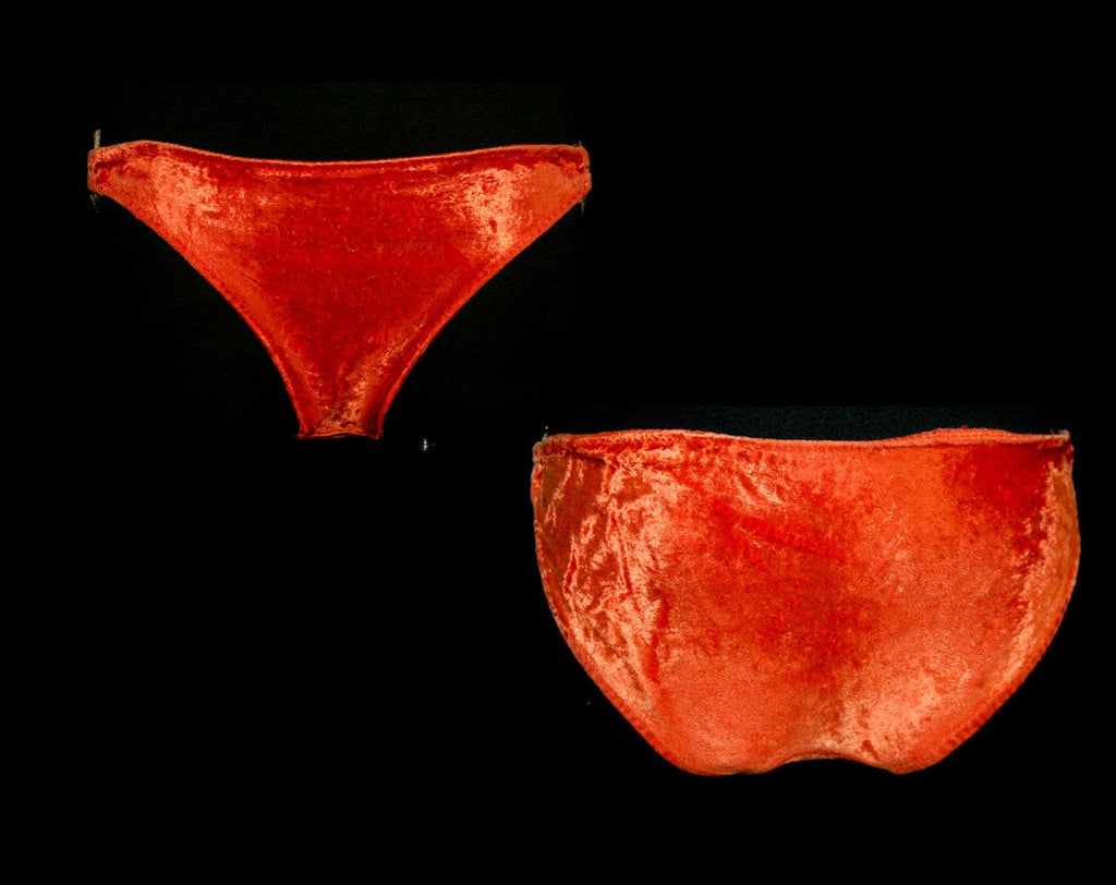 Tawny 60s Bikini Bottom - Size 10 to 12 - Authentic 1960s - Burnt Orange Panne Velvet - Big Brassy Rings - Pin Up - Hip 38 to 40 - 41600
