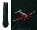 1950s Men's Airplane Tie - Forest Green & Crimson Red Silk Novelty Flight Pilot Theme - Mid Century Mens Accessory - Original 50s Gift Box