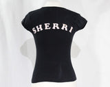 XS Sherri Tee - Size 2 Black Cotton Jersey 70s T Shirt - Kitsch 1970s TShirt - Personalized Name Sherri in Pink Flocked Letters - Bust 32