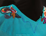 Size 10 Designer Dress Set - 1990s Marc D'Alcy - Turquoise Blue Jersey Knit Top & Wrap Skirt - Beaded Red Purple Paisley Appliques - Buckles