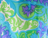Size 6 Silk Blouse - Small 60s Flourish Shirt - As Is - Summery 1960s Turquoise Blue Purple & Lime Green Print - 3/4 Sleeve - Bust 39
