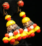 Exotic Earrings - 1930s Inspired Orange & Yellow Molded Glass Dangly Earrings - Summer 1960s Gypsy Style Jewelry - Colorful - Boho - 32920-1