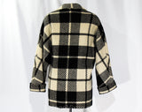 Size 10 Oversized Plaid Wool Coat - Street Chic 1990s Jacket - Black & Beige Medium Size 80s 90s Hip Length Overcoat with Pockets - Bust 42