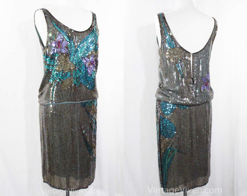 Size 10 Designer Dress Set - Exceptional 1920s Style Flapper Party Dress - Sequin Iris Flowers & Silk Chiffon - Neil Bieff / Arturo Herrera