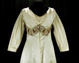 Size 6 Evening Dress - Romantic Old World 1960s Empire Gown by Elizabeth Arden - Ivory White Satin & Asian Pastel Brocade Ribbon - Bust 34