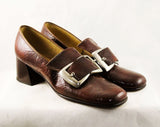 Size 6.5 Brown 60s Loafers - Never Worn 1960s Mod Shoes - 60s Wet Look Vinyl Pumps - Double Silvertone Buckle - NOS in Box - 6 1/2 AA Narrow