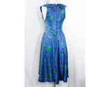 Size 4 Sun Dress - Blue & Green Silk 50s Summer Frock - 1950s Girl Next Door - Hydrangea Floral Polka Dot Scarf Silk with Corsage - Bust 33