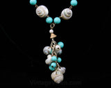 Seashells 70s Necklace - Lariat Style - Pretty 1970s Beach Jewelry - Sea Shell - Turquoise Blue Beads - Gold & Silver - Summer - 42386