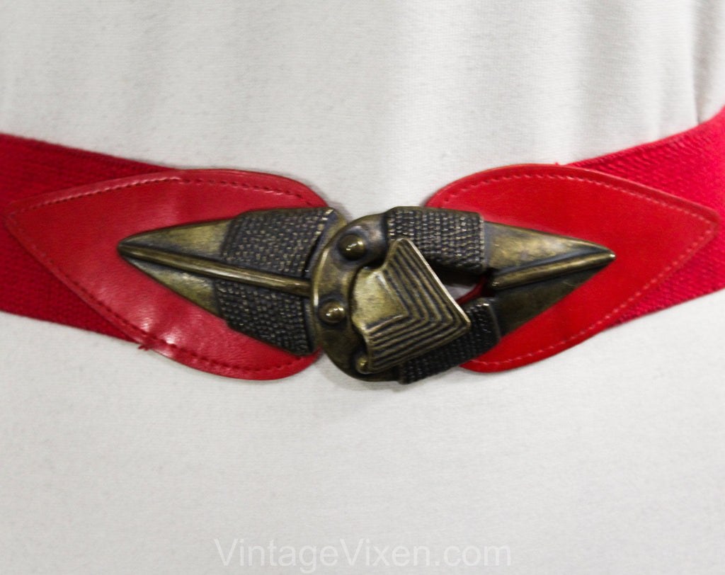 Retro 1980s Red Stretch Belt with Tribal Arrow Buckle - Size 10 to