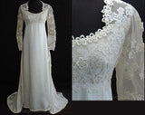 Size 6 Wedding Dress - Gorgeous 1960s Empire Satin Bridal Gown with Daisy-Dotted Sleeves & Train - Priscilla of Boston Deadstock - Bust 33.5