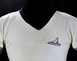 Men's Small Souvenir T Shirt - 80s Piedmont Airlines Tee - White Cotton Knit with Navy Blue Stripes - Short Sleeved V Neck - Chest 36