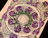 1940s Easter Bonnet Rayon Scarf - 40s Purple & Pink Roses Hat Novelty Print - Spring Lily of the Valley - Ribbons Bows - Rectangular - 49655