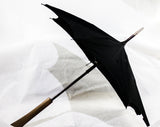 Antique Doll's Umbrella - Late 1800s Victorian Miniature Parasol - Black Cotton & Metal Frame - Smooth Wooden Handle - As Is Holes and Tear