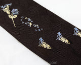 Men's French 1950s Novelty Tie - Romantic Date Night Theme 50s Silk Necktie - Chocolate Brown Blue Ivory - Grapes Wine & Long Stemmed Roses