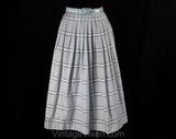 Size 6 1950s Gingham Skirt - Light Blue Checked Cotton 50s Full Pleated Summer Skirt with Original Belt - Sheer Stripes - Waist 26 - 50144