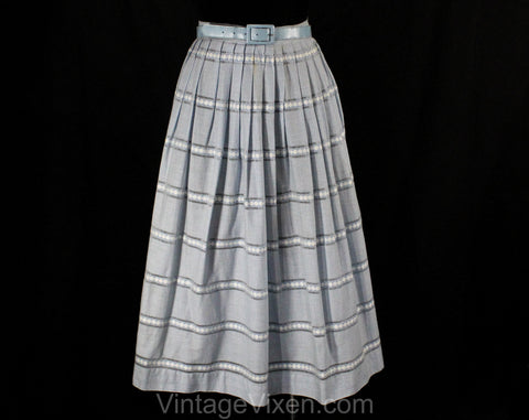 Size 6 1950s Gingham Skirt - Light Blue Checked Cotton 50s Full Pleated Summer Skirt with Original Belt - Sheer Stripes - Waist 26 - 50144