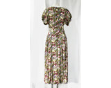 Size 6 Retro Dress - Charming 1930s Inspired 90s Full Skirted Dress - Violet Gray Sage Green Purple Bias Cut Floral Rayon - Waist to 30
