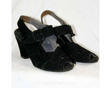 Size 6 Shoes - 40s Black Suede Peep-Toe Slingback - 6AA Pumps - 1940s Deadstock - Fall - Mint Condition - Criss-Cross Design - 40286-1