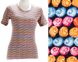 Girl's Large T-Shirt - 1970s Short Sleeve Top - Seashells Novelty Print Summer Tee - Pink Blue Orange Beachy Shirt - Childs 14 - Ladies 0