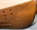 Size 6.5 Leather Shoes - Cute Tan Huarache Style Design - 1990s Light Brown Boho Flats with Woven Trim - Made in USA - 90s Deadstock 6 1/2 M