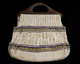 1940s Crochet Purse - WWII Era Accessories - 40s Arts & Crafts Hand Crocheted Bag - Ecru Yellow Blue Mint Green Stripes - Shabby Work-A-Day