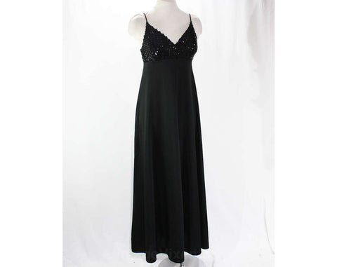 Size 10 Black Dress - Strappy & Sexy Maxi Dress with Sequined Bust - 70s Classic Disco Era Sequins Evening Gown - Bust 35.5 - 46269