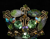 1950s Juliana Brooch - Peridot Green Rhinestones & Givre Glass Stones - 50s 60s Flashy Triangular Pin - Designer Delizza and Elster - 50553
