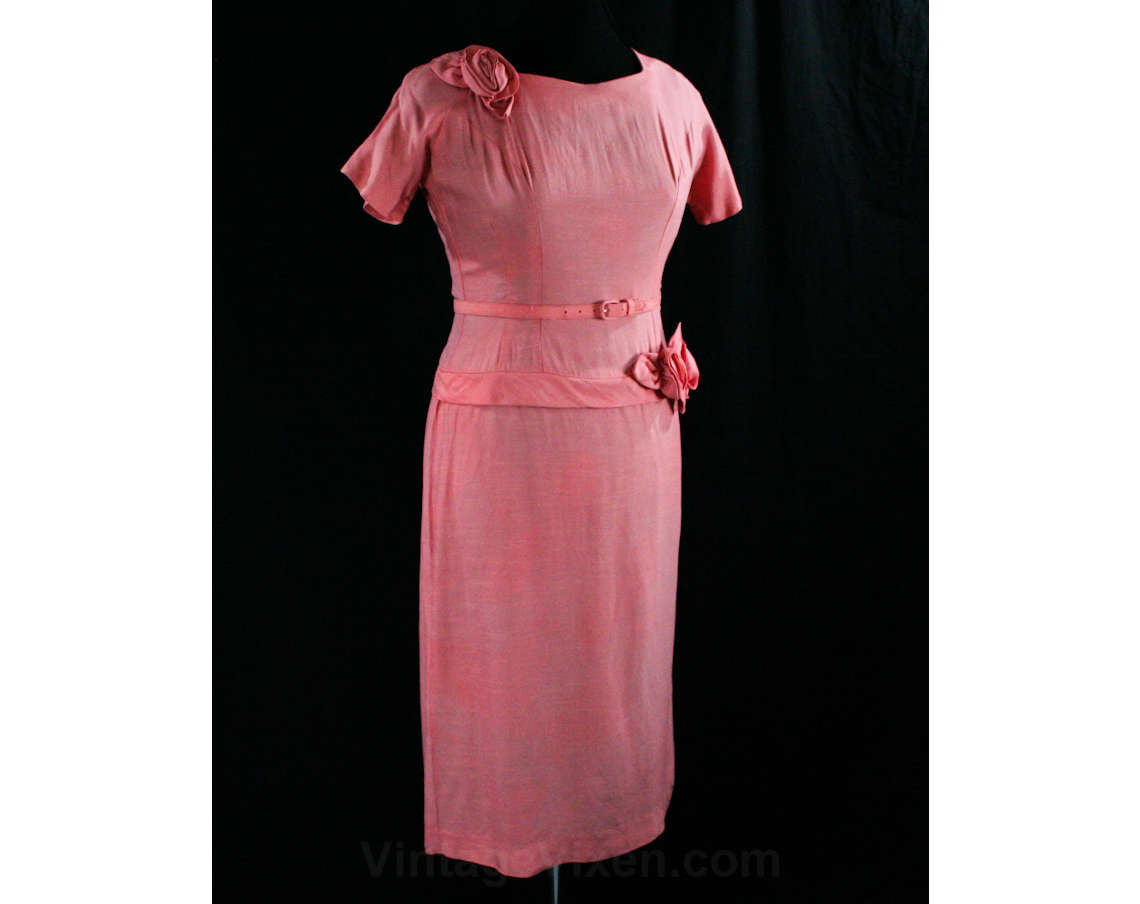 Size 12 Roses Cocktail Dress - 1950s Large Fitted Faux Silk Dress - An Vintage Vixen Clothing Size 12 Roses Cocktail Dress - 1950s Large Fitted Faux Silk Dress - An Vintage Vixen Clothing