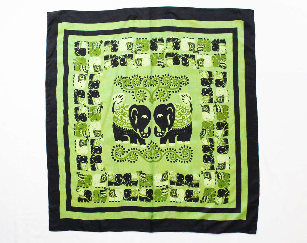 Exquisite Thai Silk Scarf - Luminous Green & Black Elephants Novelty Print - Large Square Wrap - 1950s 1960s Lime Pistachio Chartreuse