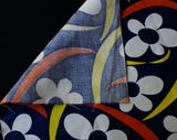 Mod 60s Navy Blue Daisy Cotton Canvas - 1.6 Yards x 35 Inches Wide - 1960s Summer Tiki Print Daisies & Boomerangs - Fresh Vintage Yardage