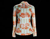 Size 8 70s Shirt - Long Sleeved 1970s Disco Era Casual Top - Scenic Novelty Print Plantations Mansions - Peach Pink Mint Green - Bust 37.5